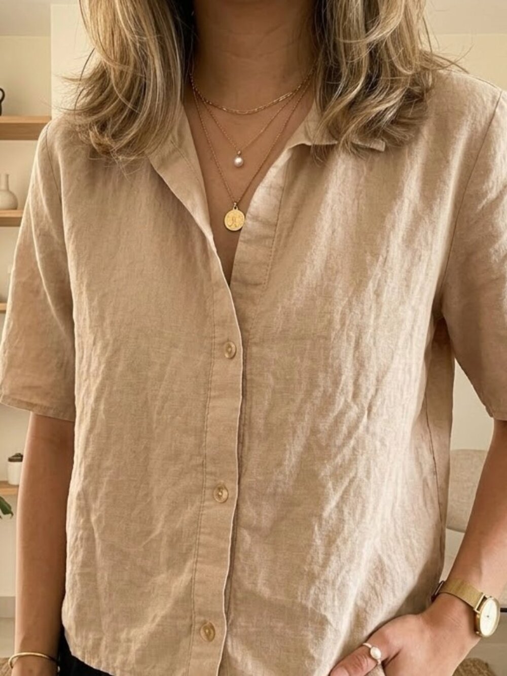 light peach tan beachy linen blend relaxed button down cropped shirt | size XS